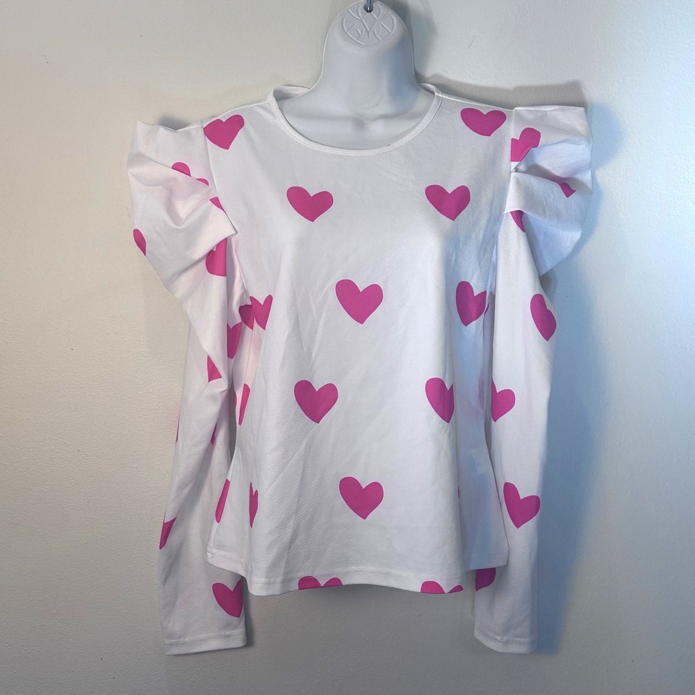 SHEIN Womens White Pink Heart Long Sleeve Valentine Puff Sleeve Top Blouse Sz XL
